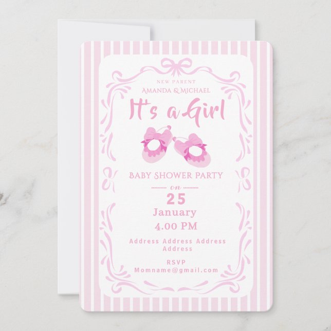 Invitation Bow Ribbon C'est une fille Baby Shoe (Devant)