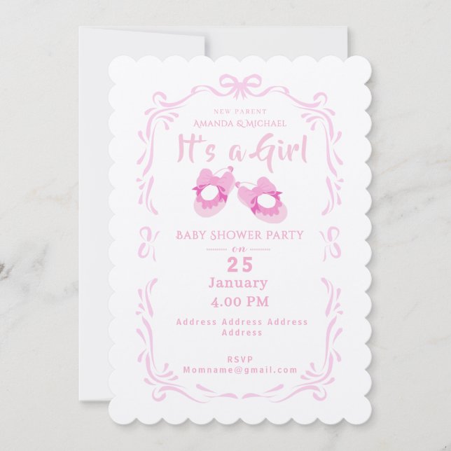Invitation Bow Ribbon C'est une fille Baby Shoe (Devant)