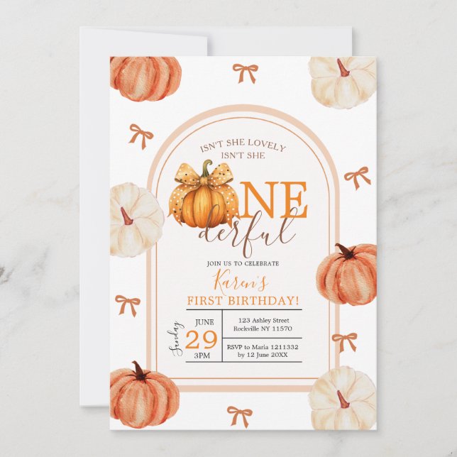 Invitation Bow Ribbon Isn't She Onederful Pumpkin Gingham (Devant)