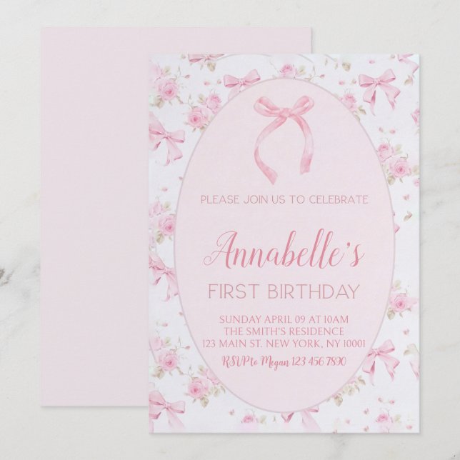 Invitation Bow rose 1er anniversaire Invitation, Bow rose flo (Devant / Derrière)