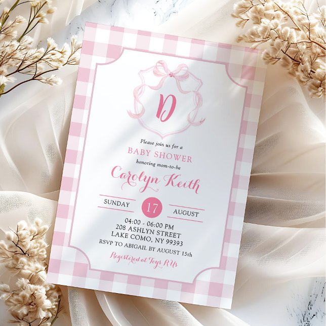 Invitation Bow rose En vichy aquarelle Baby shower Crest (Créateur téléchargé)