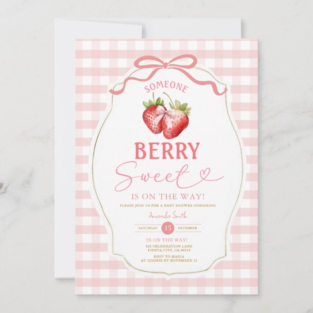 Invitation Bow rose En vichy Baby shower aux fraises (Devant)