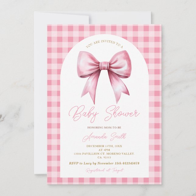Invitation Bow rose En vichy Coquette Girl Arch Baby shower (Devant)