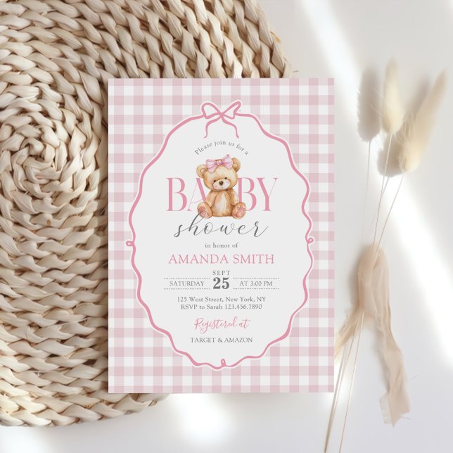 Invitation Bow rose En vichy Teddy Bear Baby shower (Créateur téléchargé)