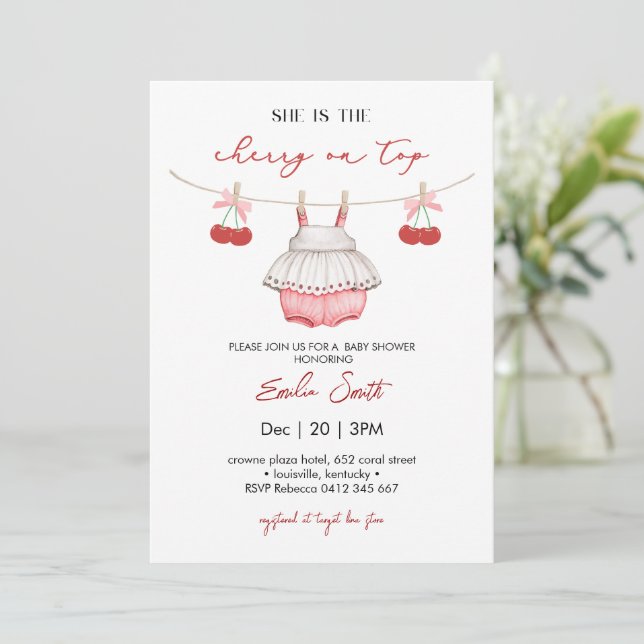 Invitation Bow rose et baies, cerise sur le Baby shower supér (Debout devant)