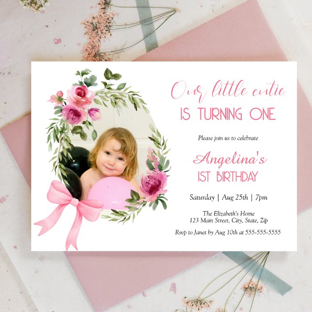 Invitation Bow rose Floral Little Cutie Photo Anniversaire (Créateur téléchargé)