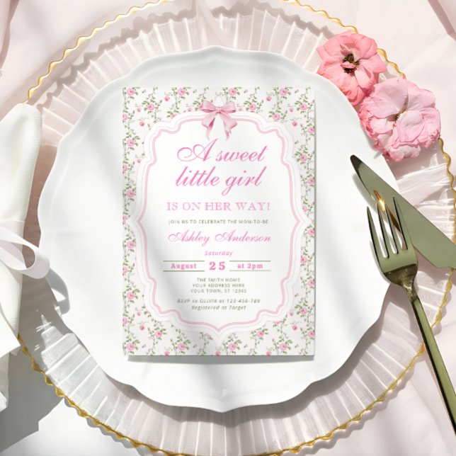 Invitation Bow rose Floral Sweet Little Girl Baby shower (Créateur téléchargé)