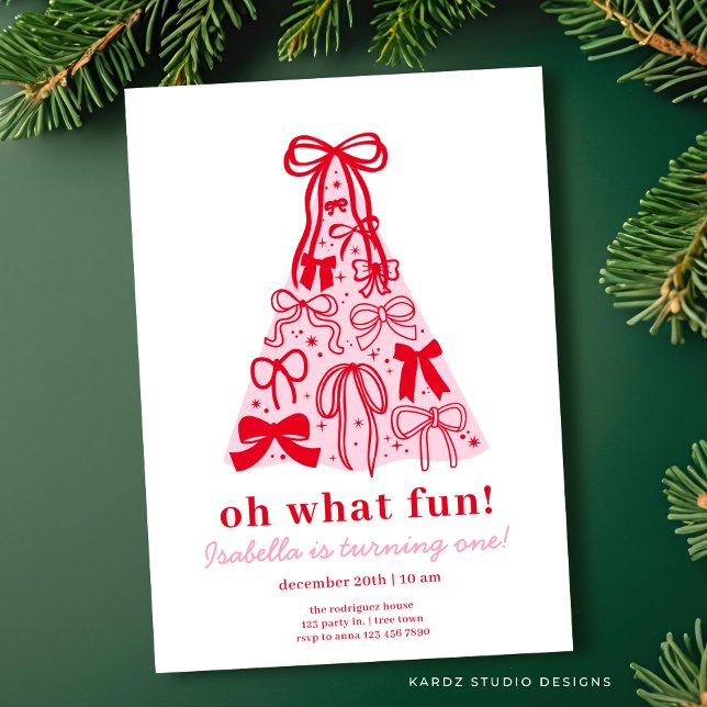 Invitation Bow rose & rouge moderne 1er anniversaire (Invite shown in 5 x 7 inches, choose size, paper and corner style.)