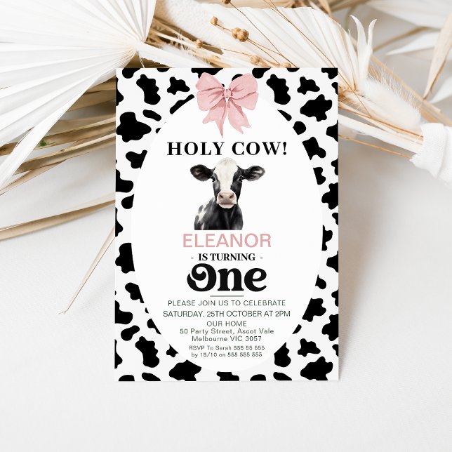 Invitation Bow rose Vache noire Imprimer Vache sainte 1er ann (Holy Cow 1st Birthday Invitation Template, Black White Cow Print, Cow Themed 1st Birthday Invitation)