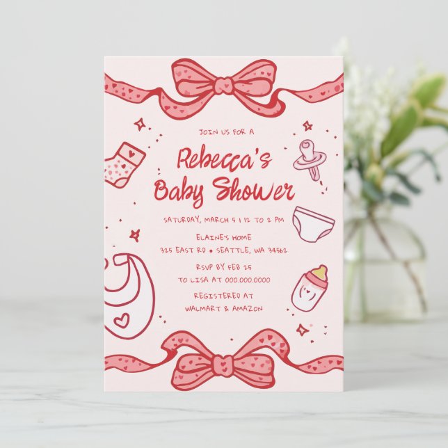 Invitation Bow rose Whimsical main tiré fille Brunch bébé (Debout devant)