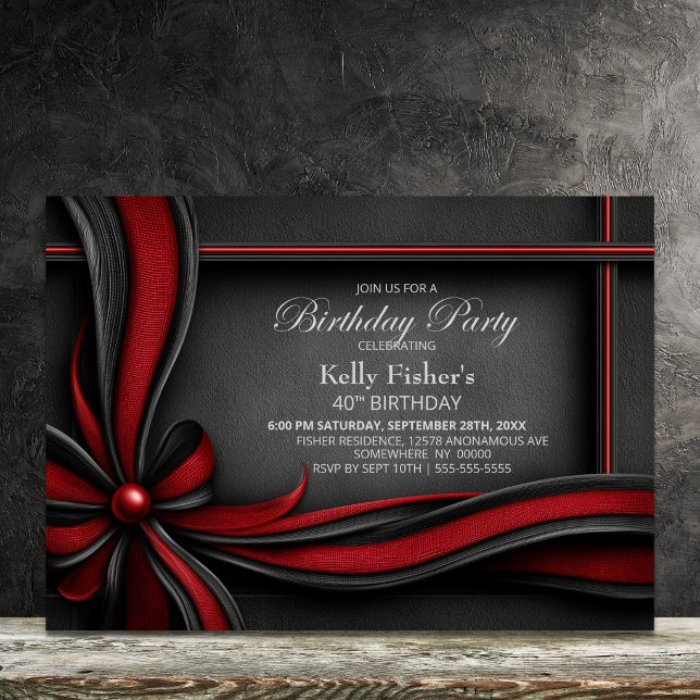Invitation Bow rouge et noir élégant Fête d'anniversaire 40 a (Créateur téléchargé)