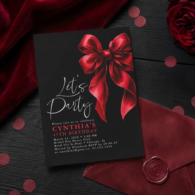 Invitation Bow rouge et noir Luxe Gala élégant Anniversaire (Red Bow Black Birthday Invitations)