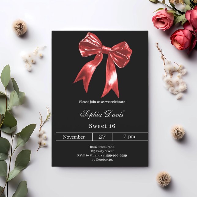 Invitation Bow rouge noir Sweet 16 (Créateur téléchargé)