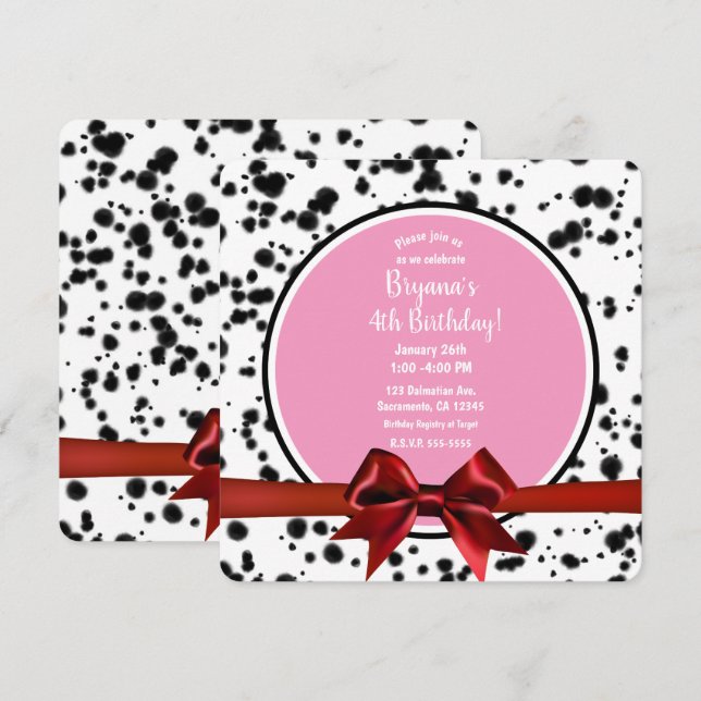 Invitation Bow rouge rose Noir Dalmatie Spots Anniversaire (Devant / Derrière)