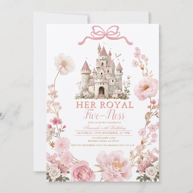 Invitation Bow Royal five-ness Birthday Castle Pink Ribbon (Devant)