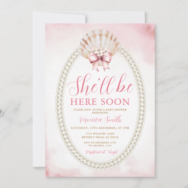 Invitation Bow She'll Be Here Soon Sea Shell Cute Baby Shower (Devant)