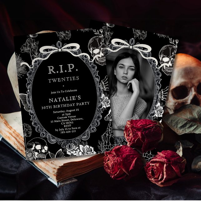 Invitation Bow Skull RIP 20s 30th Birthday Party Youth Photo (Bow Skull RIP 20s 30th Birthday Party Youth Photo Invitation)