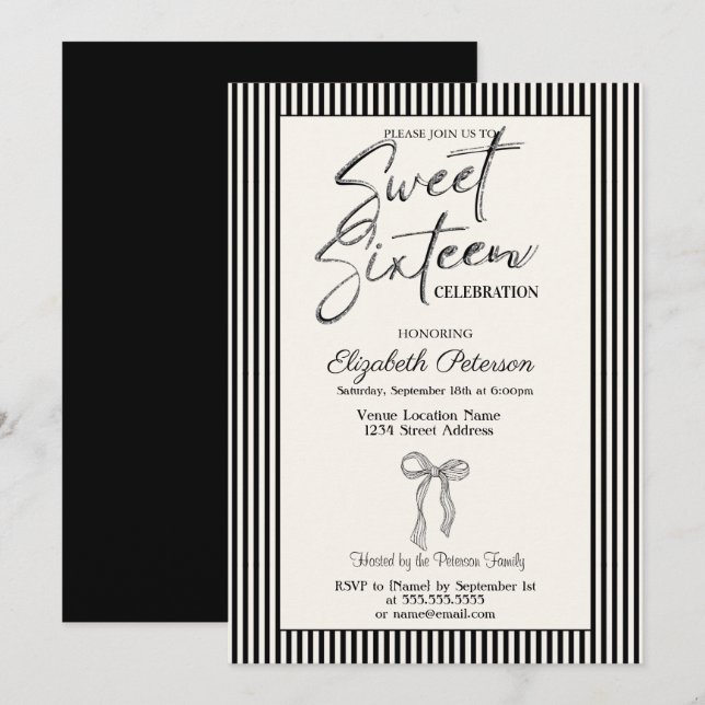 Invitation Bow Sweet 16 rayé noir Chic (Devant / Derrière)