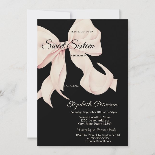 Invitation Bow Sweet 16 Roseau Aquarelle Noir (Devant)