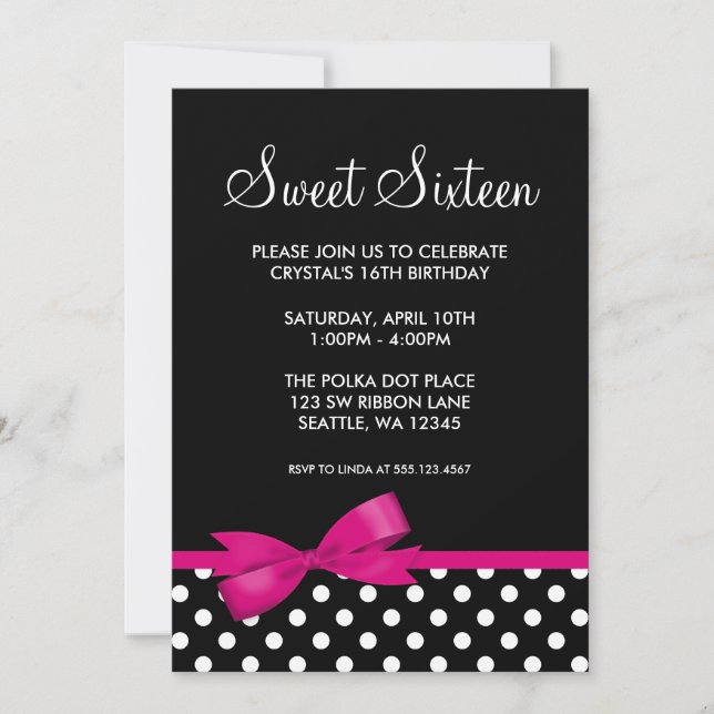Invitation Bow Sweet Pois rose et noir 16 Anniversaire (Devant)