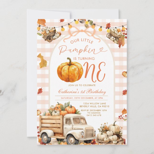 Invitation Bow Truck Citrouille 1er anniversaire Automne Auto (Devant)