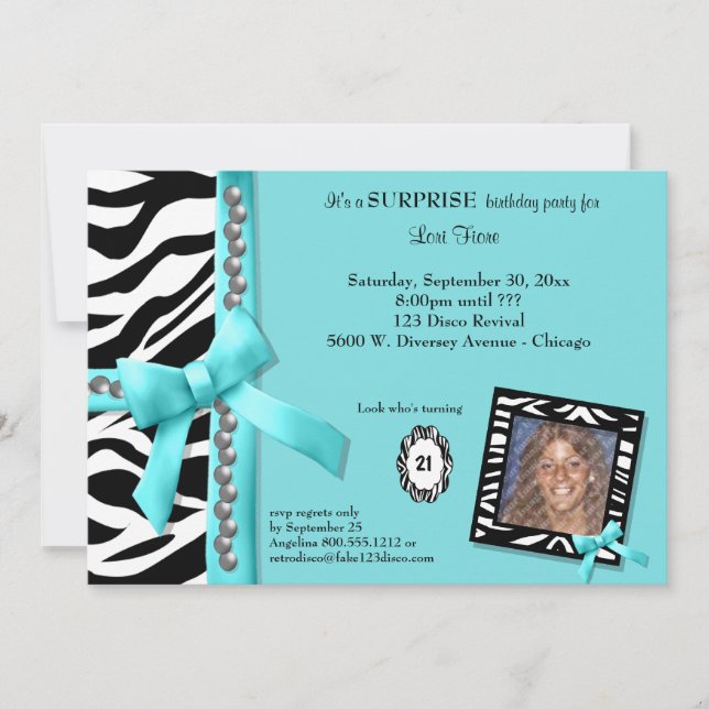Invitation Bow Turquoise Avec Des Perles Et Des Grandes Zèbre (Devant)