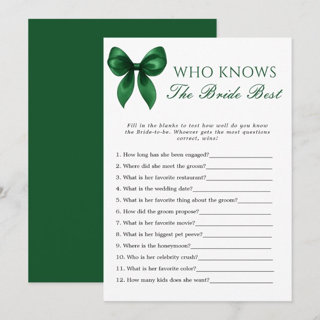 Invitation Bow Who Knows The Bride Best Bridal Shower Game (Devant / Derrière)