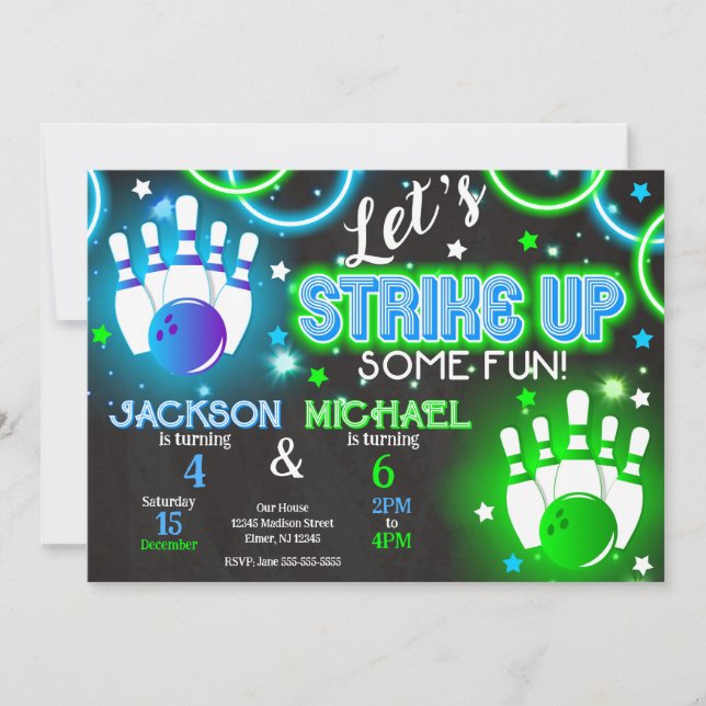 Invitation Bowling Anniversaire Lumineux Neon Garç (Devant)