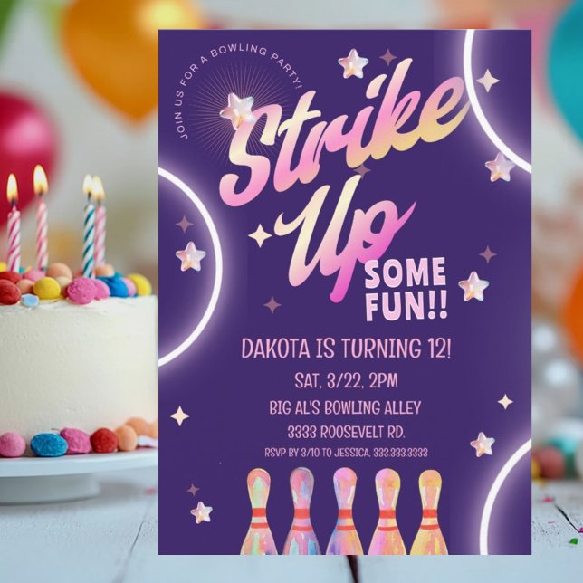Invitation Bowling Anniversaire Neon Pink Party (Créateur téléchargé)