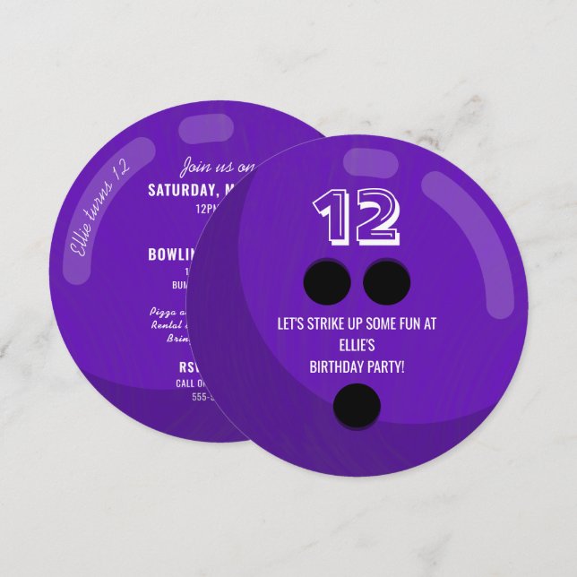 Invitation Bowling Ball | Parti Anniversaire de enfant | Viol (Devant / Derrière)