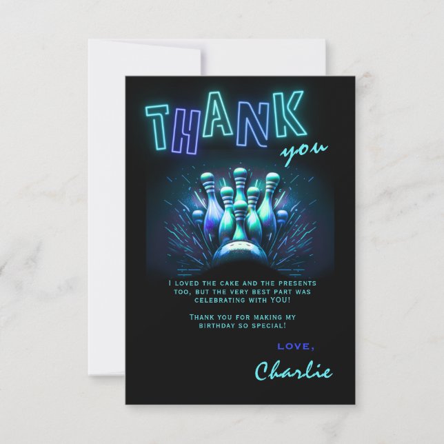 Invitation Bowling Birthday Thank You Card Boys Blue Neon (Devant)