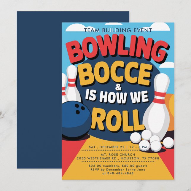 Invitation Bowling Bocce Team Building Church Business Bold (Devant / Derrière)