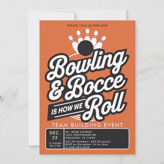Invitation Bowling Bocce Team Building Church Business Orange (Devant)