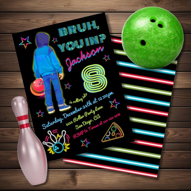 Invitation Bowling Bruh Neon Roller Patinage Anniversaire (Créateur téléchargé)