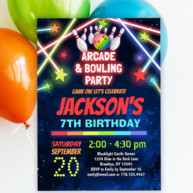 Invitation Bowling d'arcade de lumière fête d'anniversaire (Créateur téléchargé)