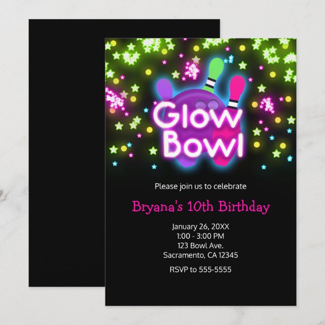 Invitation Bowling Glow Bowl Étoiles Néon Fête d'anniversaire (Devant / Derrière)