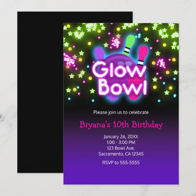 Invitation Bowling Glow Bowl Étoiles Néon Fête d'anniversaire (Devant / Derrière)