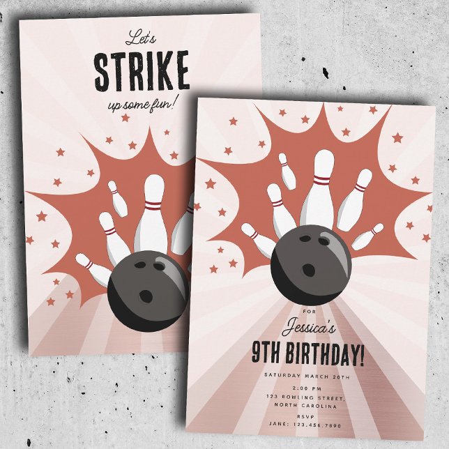 Invitation Bowling Grève Un Amusant Anniversaire Rose Gold Gi (Bowling Strike Up Some Fun Birthday Rose Gold Girl Invitation)