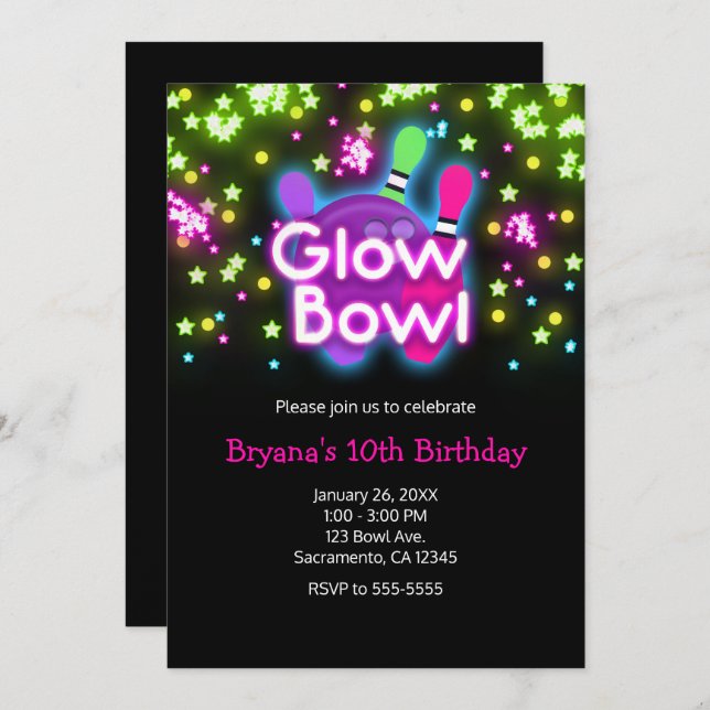 Invitation Bowling Neon Stars Anniversaire (Devant / Derrière)