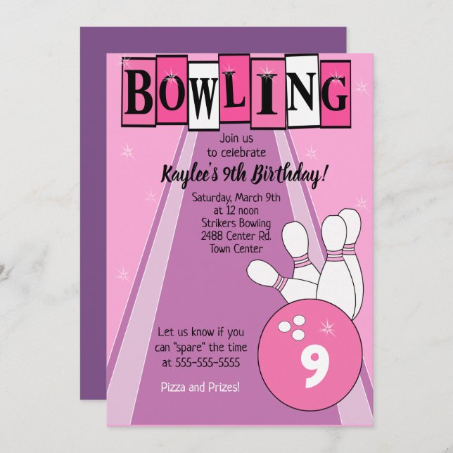 Invitation Bowling Party Pink Girls Anniversaire (Devant / Derrière)