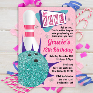Invitation Bowling Party Retro rose et Tenpin Turquoise