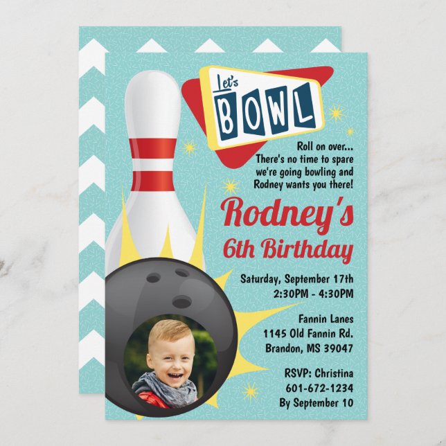 Invitation Bowling Party Retro Tenpin avec photo (Devant / Derrière)