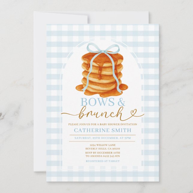 Invitation Bows et Brunch Pancake Baby shower bleu En vichy (Devant)