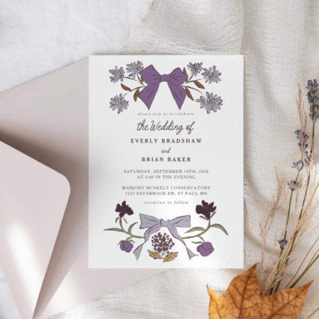 Invitation Bows et fleurs Lilac Coquette Mariage (Créateur téléchargé)
