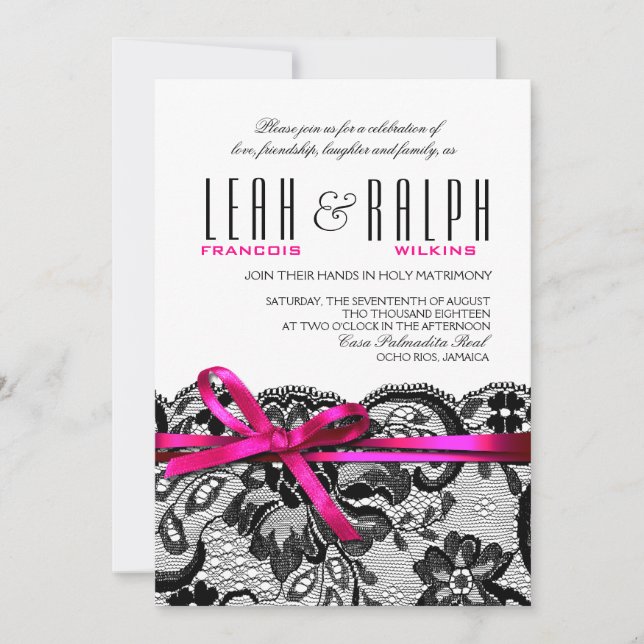 Invitation Bows et rubans Mariages en dentelle | fuschie noir (Devant)