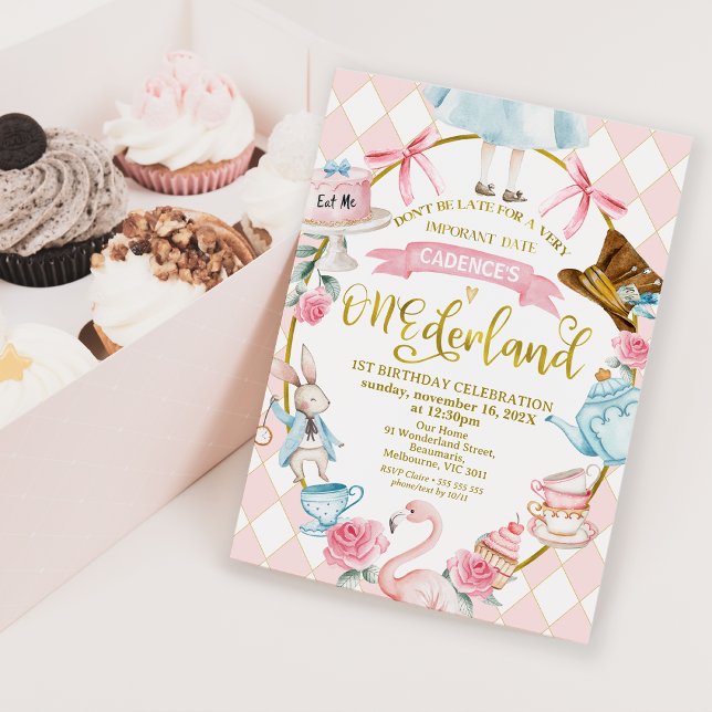 Invitation Bows Pink Alice Onederland 1er anniversaire Invita (Alice In Onederland 1st Birthday Invitation Pink Diamond Pattern, Onederland Birthday Pink Bows )