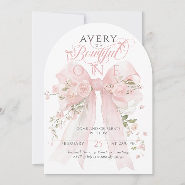 Invitation Bowtiful Un 1er Anniversaire Floral Bow Girls (Devant)