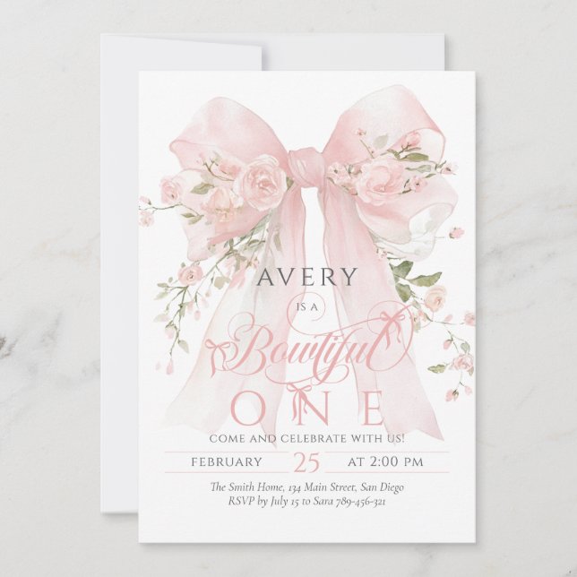 Invitation Bowtiiful One 1er Anniversaire Fleurs Ruban Filles (Devant)