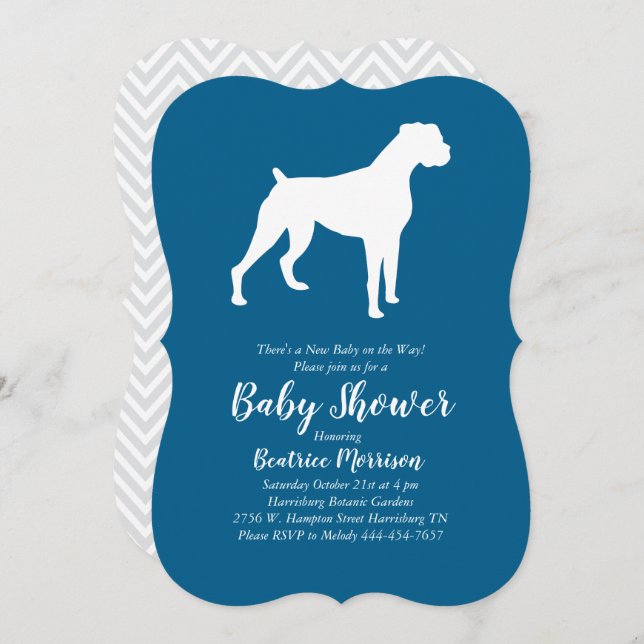 Invitation Boxer Chien Baby shower Blue Boy (Devant / Derrière)