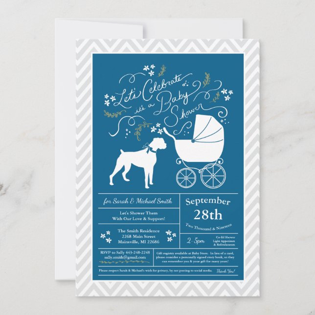 Invitation Boxer Chien Baby shower Blue Boy (Devant)